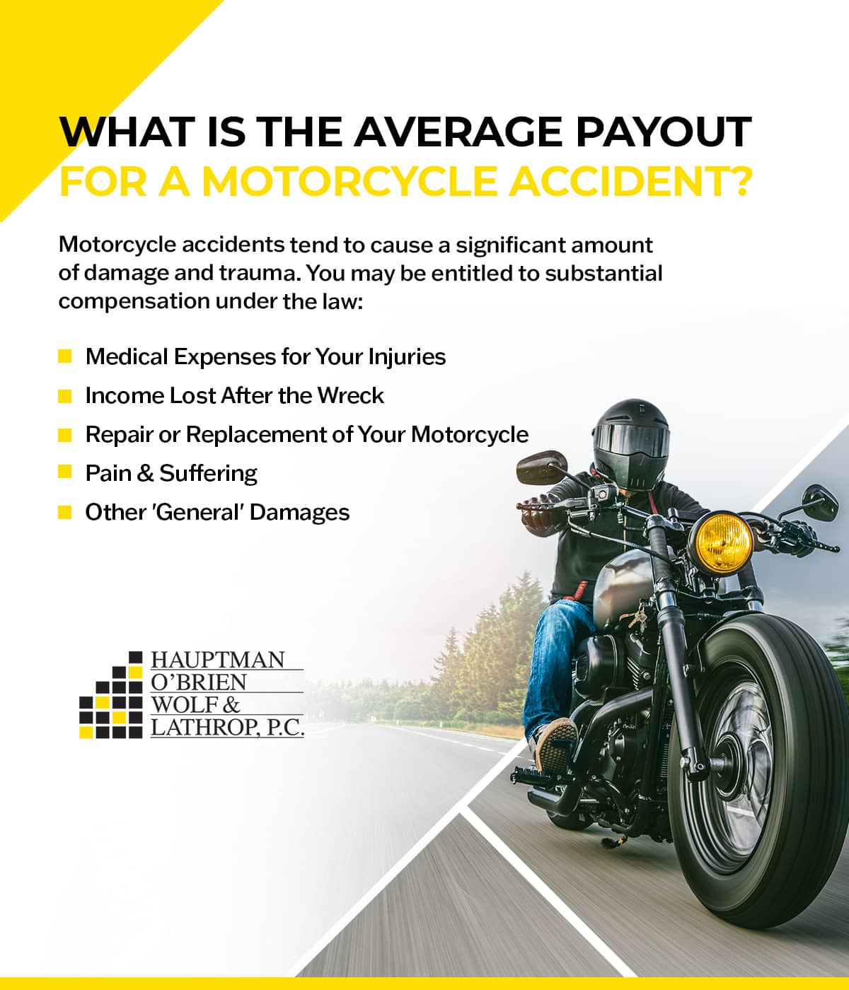What is the average payout for a motorcycle accident? | Hauptman, O'Brien, Wolf & Lathrop