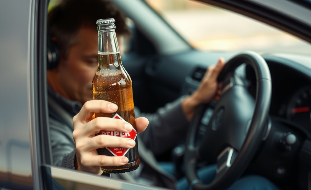 A drunk driver behind the wheel of his car holding a beer in his hand.