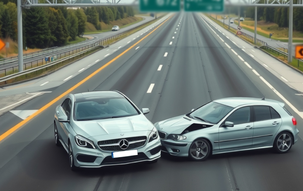 An accident between to cars on an interstate road.